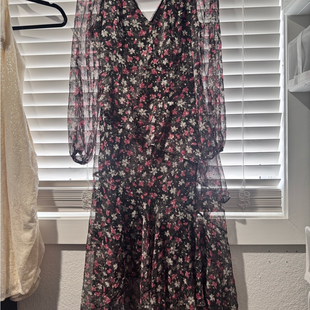 Astr Pink and Blue Ruffled Long Sleeve Wrap Dress